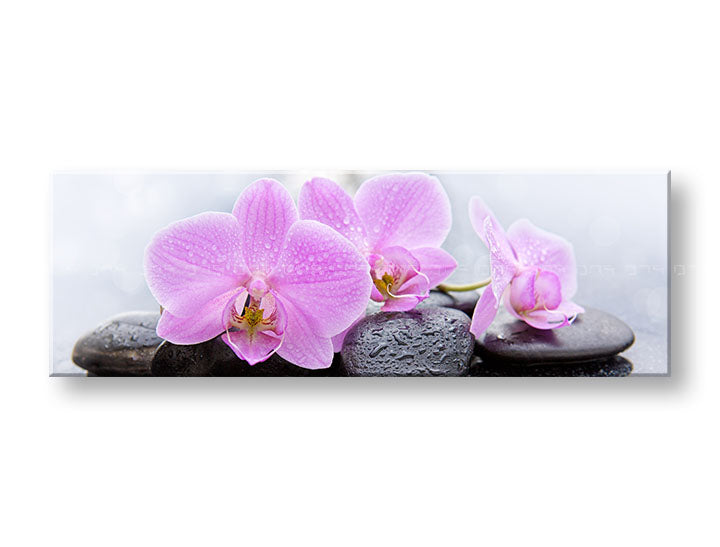 Moderní interiér zdobí obraz s růžovými orchidejemi a černými kameny, umístěný nad dřevěnou konzolí s vázou a svíčkou Papilora.