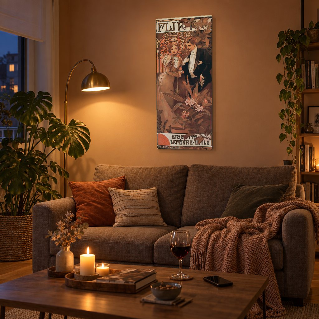 Obraz na plátně Flirt – Alfons Mucha v obývacím pokoji