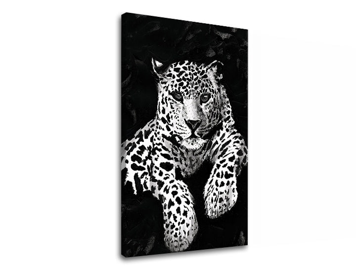 Detailní náhled kompozice s výraznou hlavou a tlapami černobílého leoparda Papilora.