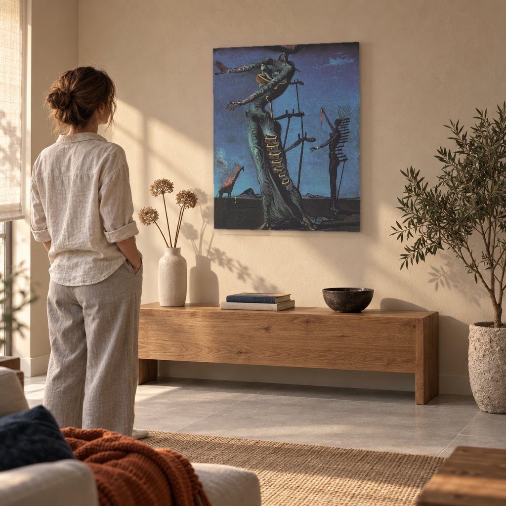 Obraz na plátně Hořící žirafa – Salvador Dalí v obývacím pokoji