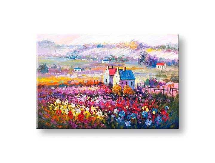 Pop art obraz na plátně s motivem krajina, květy, náboženský motiv, příroda v vícebarevných odstínech, veselá atmosféra, jarní atmosféra a domov – hlavní