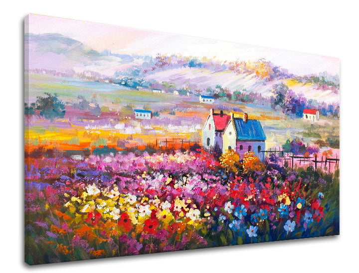 Pop art obraz na plátně s motivem krajina, květy, náboženský motiv, příroda v vícebarevných odstínech, veselá atmosféra, jarní atmosféra a domov – produkt