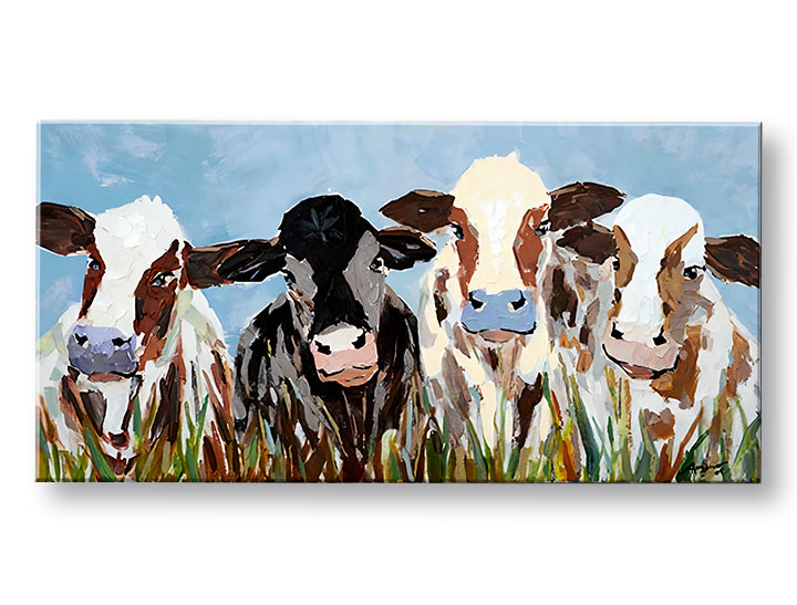 Pop art obraz na plátně s motivem KRAVY, obloha, krajina, vesmír v bílo-hnědých odstínech, veselá atmosféra, příroda, vhodný do kuchyně | Obraz na plátně KRAVY – hlavní