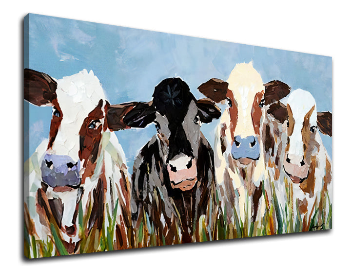 Pop art obraz na plátně s motivem KRAVY, obloha, krajina, vesmír v bílo-hnědých odstínech, veselá atmosféra, příroda, vhodný do kuchyně | Obraz na plátně KRAVY – produkt