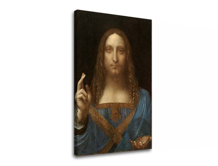 Obraz Salvator Mundi s Ježíšem Kristem v modrém rouchu a zlatých detailech visící v moderním interiéru nad dřevěnou konzolí s vázou a svíčkou Papilora.