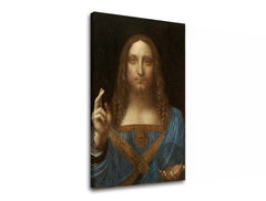 Obraz Salvator Mundi s Ježíšem Kristem v modrém rouchu a zlatých detailech visící v moderním interiéru nad dřevěnou konzolí s vázou a svíčkou Papilora.