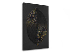 Umělecký tisk na plátně zobrazuje stylizovaný list s texturou a zlatými tečkami na tmavém pozadí, s viditelným dřevěným rámem Papilora.