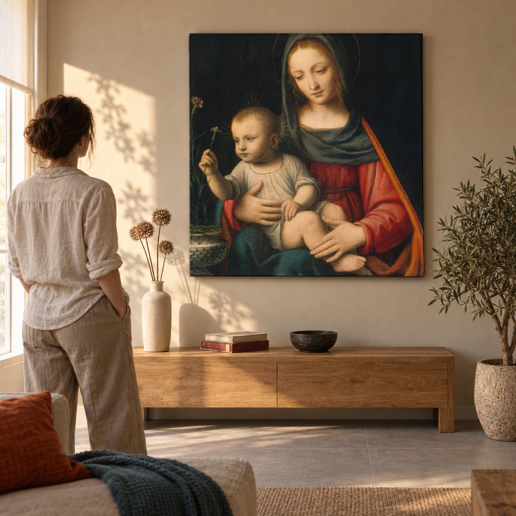Obraz na plátně Madona s karafiátem – Bernardino Luini v obývacím pokoji