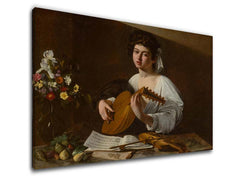 V boho stylu obraz na plátně s motivem Michelangelo Caravaggio - Lutnista, květy, housle, hudební motiv, příroda v bílo-zlatých odstínech, vhodný do kuchyně – produkt