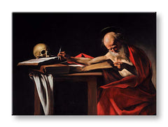 Vintage obraz na plátně s motivem Michelangelo Caravaggio - Svatý Jeroným, lebka, mapa v hnědo-červených odstínech, slavnostní atmosféra, vhodný do pracovny – produkt, pohled 2