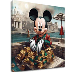 Obraz s Mickey Mousem v červeném saku, sedícím u hromady zlatých cihel a mincí, s antickým městem v pozadí, Papilora.