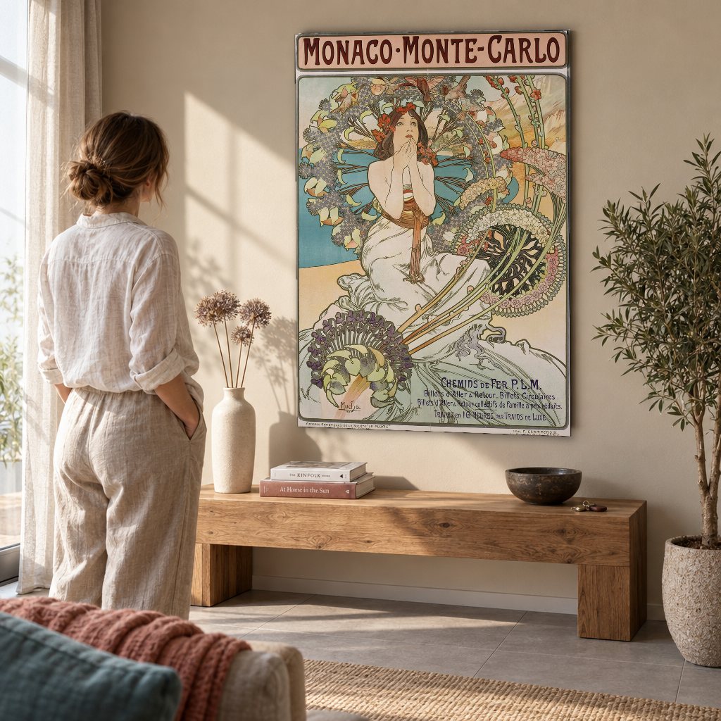 Obraz na plátně Monako Monte Carlo – Alfons Mucha v obývacím pokoji