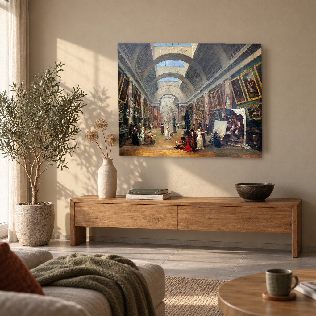 Obraz na plátně Návrh Velké galerie Louvru – Hubert Robert v obývacím pokoji
