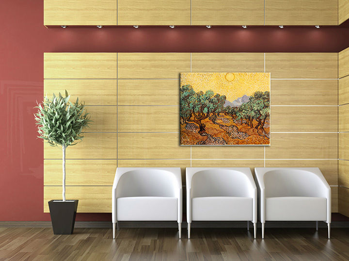 Vintage obraz na plátně s motivem OLIVOVNÍKY – Vincent van Gogh, slunce, hory, pole, mapa v hnědo-zelených odstínech zavěšený v interiéru kanceláře – interiér