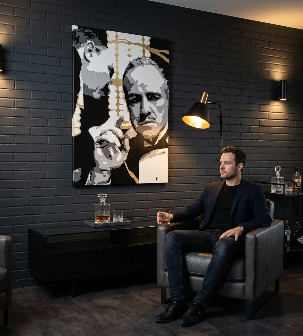 Umělecké dílo s portrétem Kmotra visící v moderním stylovém interiéru nad dřevěnou konzolí s vázou a svíčkou, Papilora.