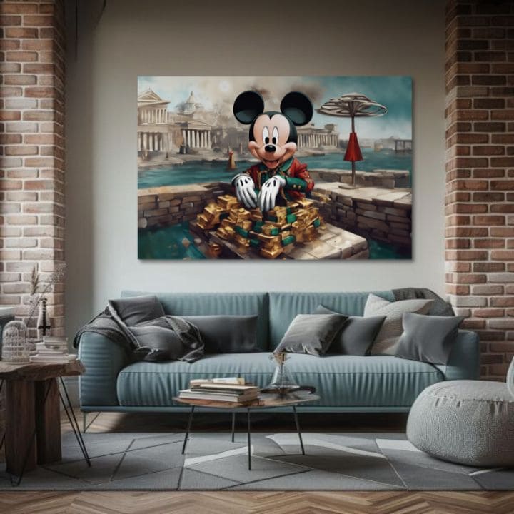 Obraz s Mickey Mousem v historickém prostředí, obklopeným zlatem, visí v moderním interiéru nad dřevěnou konzolí s vázou a svíčkou, Papilora.