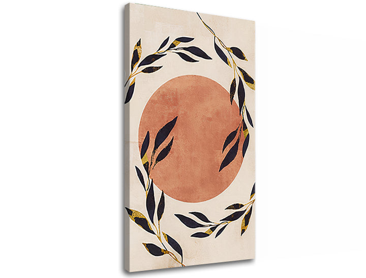 Art deco obraz na plátně s motivem SLNKO 002, listy, větve, slunce, měsíc v béžovo-zlatých odstínech, klidná atmosféra, příroda a elegance – produkt