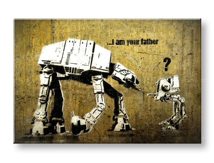 Na plátně je vyobrazeno graffiti s motivem Star Wars, kde velký AT-AT říká malému AT-ST '...I am your father' na žlutohnědém pozadí, Papilora.