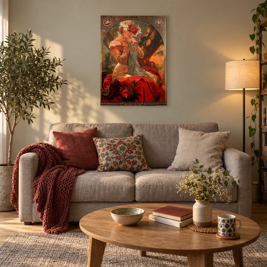 Obraz na plátně Sušenky Lefèvre-Utile – Alfons Mucha v obývacím pokoji
