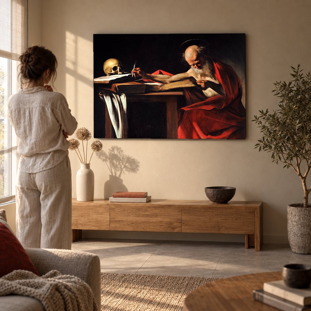 Obraz na plátně Svatý Jeroným – Caravaggio v obývacím pokoji