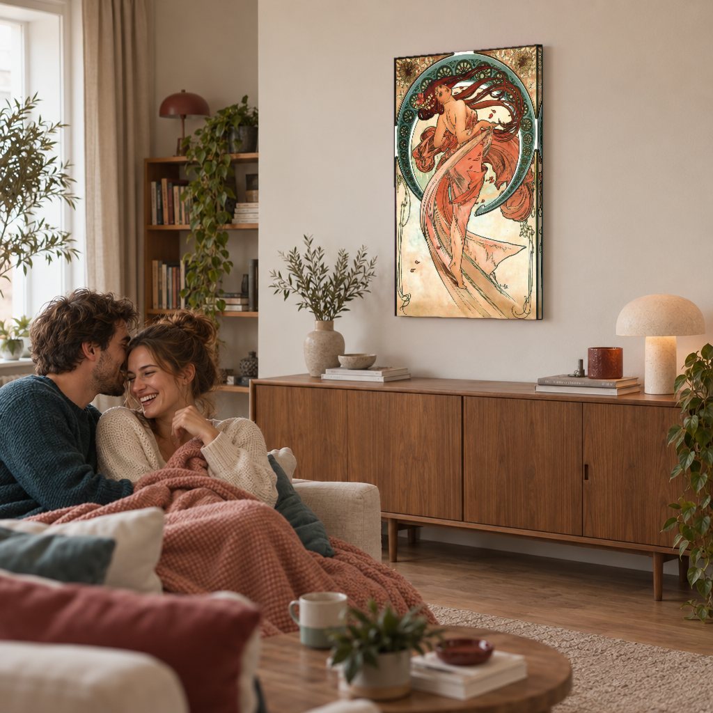 Obraz na plátně Tanec – Alfons Mucha v obývacím pokoji