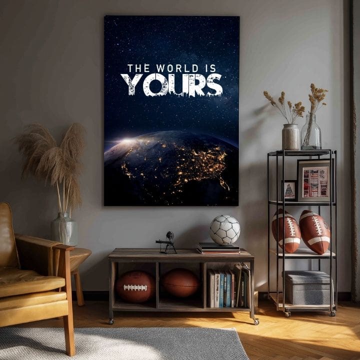 Obraz s motivem noční Země z vesmíru a bílým textem 'THE WORLD IS YOURS' visí v moderním interiéru nad dřevěnou konzolí s vázou a svíčkou Papilora.