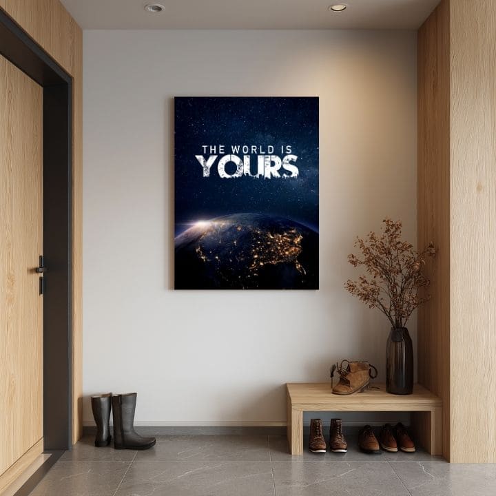 Obraz s motivem noční Země z vesmíru a bílým textem 'THE WORLD IS YOURS' visí v moderním interiéru nad dřevěnou konzolí s vázou a svíčkou Papilora.