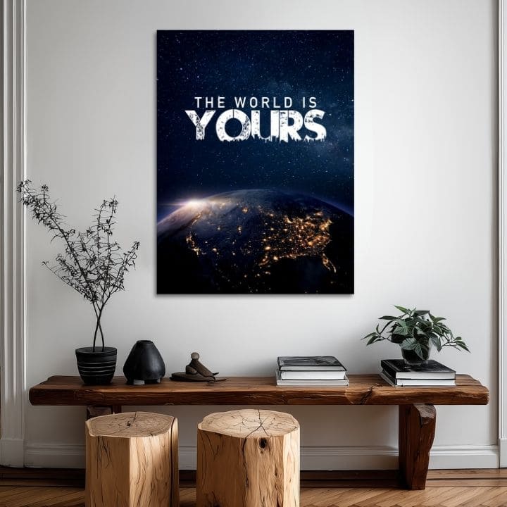 Obraz s motivem noční Země z vesmíru a bílým textem 'THE WORLD IS YOURS' visí v moderním interiéru nad dřevěnou konzolí s vázou a svíčkou Papilora.