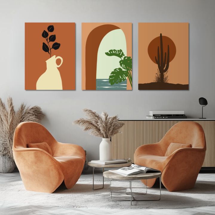 Moderní triptych s abstraktními pouštními motivy a rostlinami visí nad dřevěnou konzolí v elegantním interiéru, Papilora.