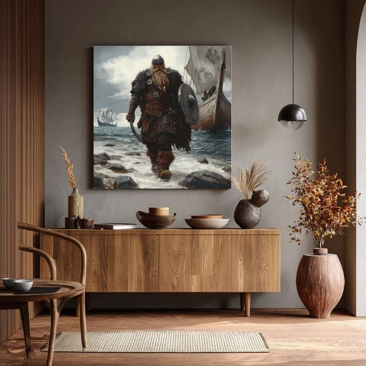 Obraz s motivem Vikinga s lodí, v šedých a hnědých barvách, visí v moderním interiéru nad dřevěnou konzolí s vázou a svíčkou Papilora.