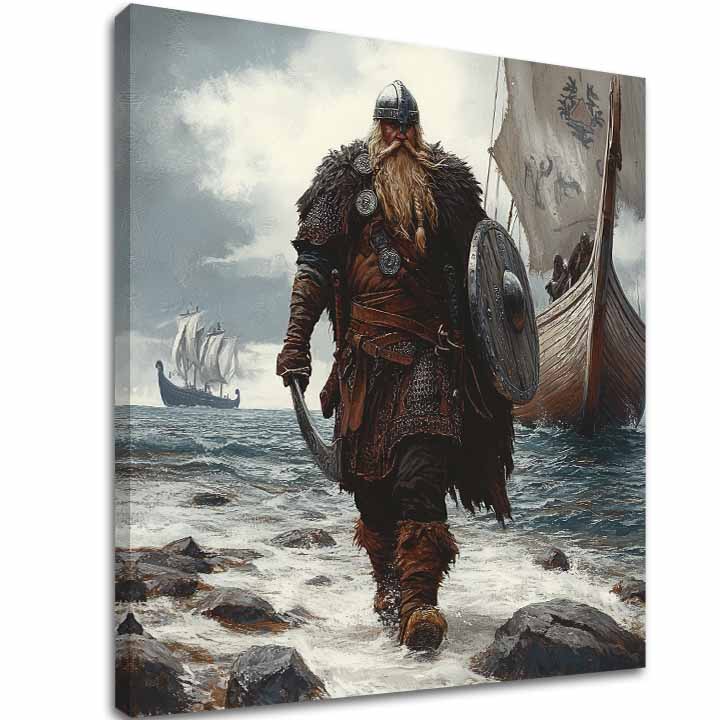 Plátno s potiskem zobrazuje majestátního Vikinga s dlouhými vousy a sekerou, kráčejícího z moře s vikingskou lodí v pozadí, v šedých a hnědých tónech Papilora.