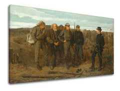 Umělecké dílo s historickou scénou visí v moderním interiéru nad dřevěnou konzolí s vázou a svíčkou Papilora.