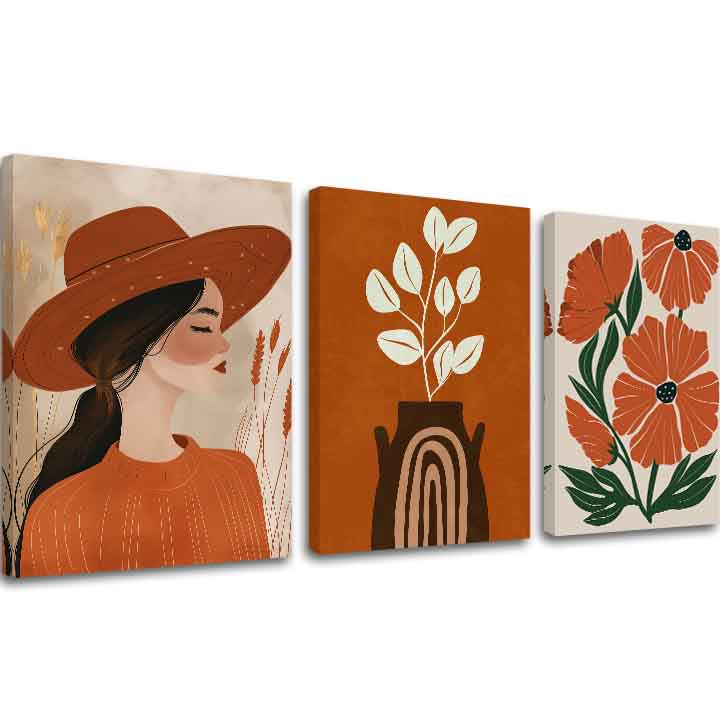Sada tří pláten s podzimními boho motivy, včetně ženy v klobouku, rostliny ve váze a květin, v teplých oranžových a béžových tónech, Papilora.
