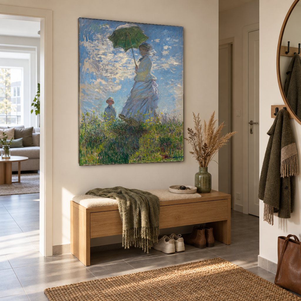 Obraz na plátně Žena se slunečníkem – Claude Monet v předsíni