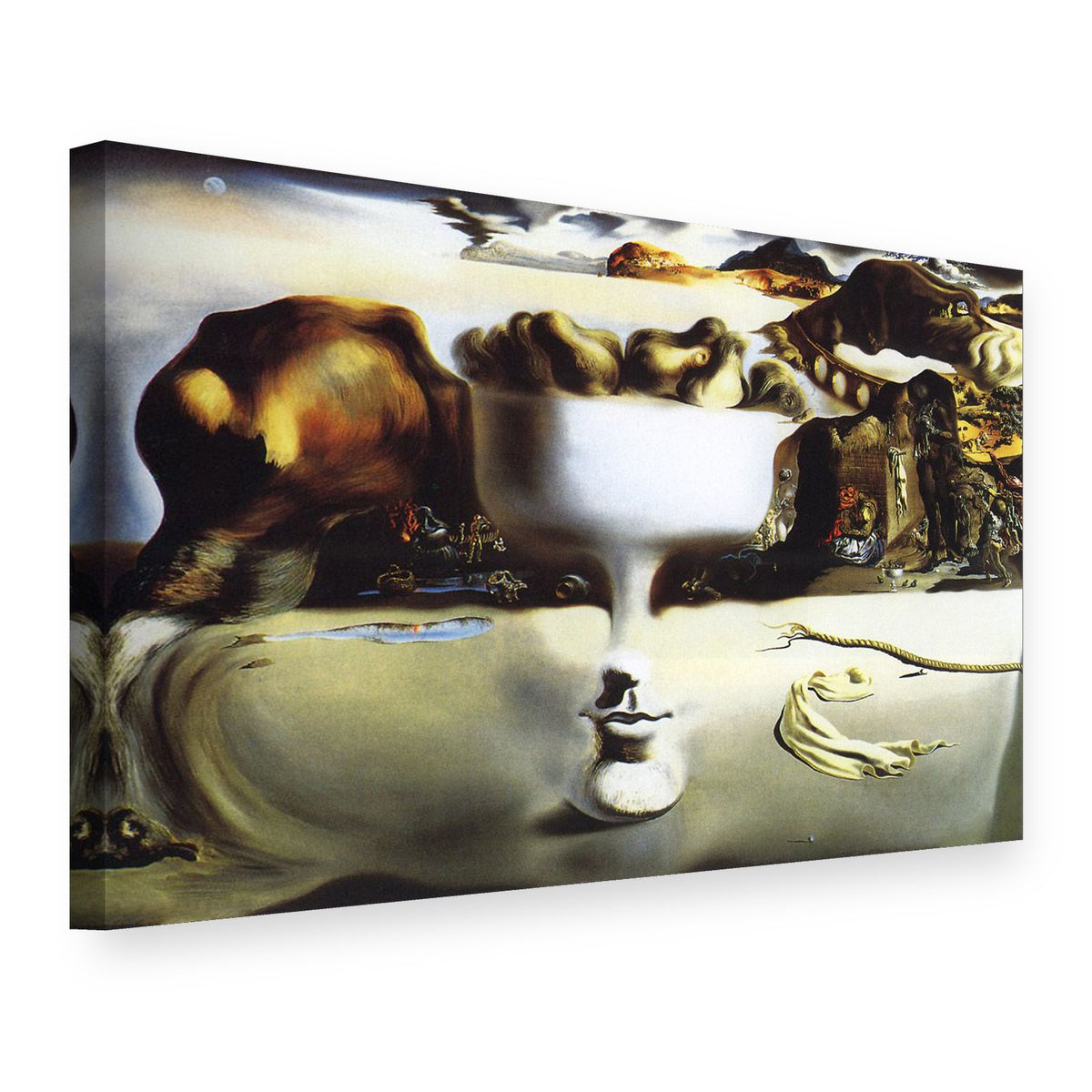 Obraz na plátně Zjevení tváře a mísy s ovocem na pláži – Salvador Dalí, 3D pohled