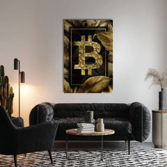 Moderní obraz se zlatým symbolem bitcoinu a listy visí v elegantním interiéru nad dřevěnou konzolí s vázou a svíčkou Papilora.