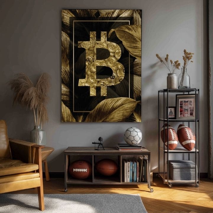 Moderní obraz se zlatým symbolem bitcoinu a listy visí v elegantním interiéru nad dřevěnou konzolí s vázou a svíčkou Papilora.