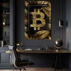 Moderní obraz se zlatým symbolem bitcoinu a listy visí v elegantním interiéru nad dřevěnou konzolí s vázou a svíčkou Papilora.