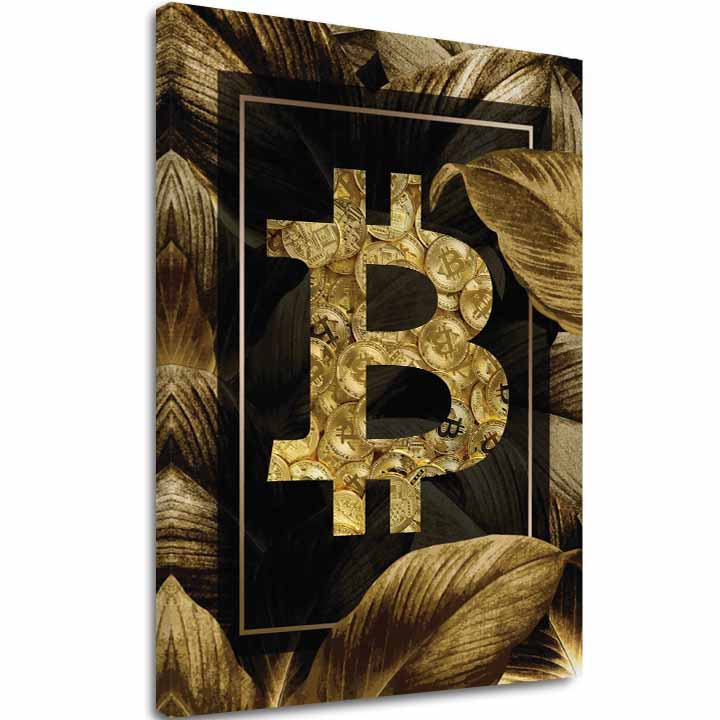 Na plátně je zobrazen zlatý symbol bitcoinu vyplněný mincemi, obklopený tmavými a zlatými listy, s viditelným dřevěným rámem Papilora.
