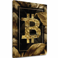Na plátně je zobrazen zlatý symbol bitcoinu vyplněný mincemi, obklopený tmavými a zlatými listy, s viditelným dřevěným rámem Papilora.