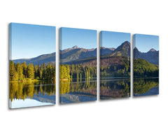 Detailní náhled na kompozici s jezerem, lesem a horami, kde se modrá obloha a zelené stromy zrcadlí na vodní hladině, Papilora.