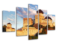 Klasický obraz na plátně s motivem SLOVENSKO, hrad, obloha, architektura, dětský motiv v modro-zlatých odstínech, vícedílné provedení, vhodný do obývacího pokoje – hlavní