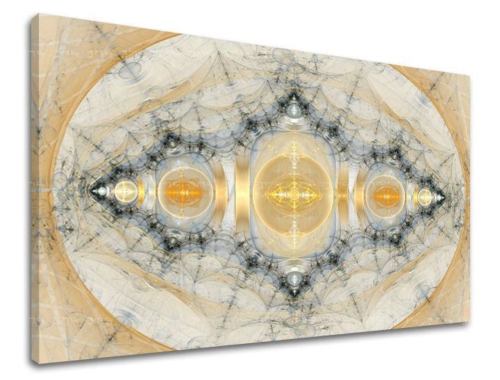 Abstraktní fraktálový ornament ve zlatých a šedých tónech na plátně s viditelným dřevěným rámem Papilora.