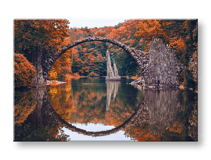 Klasický obraz na plátně s motivem KRAJINA, jezero, architektura, příroda v oranžovo-červených odstínech, klidná atmosféra, příroda, vhodný do obývacího pokoje – hlavní