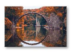 Klasický obraz na plátně s motivem KRAJINA, jezero, architektura, příroda v oranžovo-červených odstínech, klidná atmosféra, příroda, vhodný do obývacího pokoje – hlavní