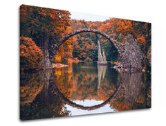 Klasický obraz na plátně s motivem KRAJINA, jezero, architektura, příroda v oranžovo-červených odstínech, klidná atmosféra, příroda, vhodný do obývacího pokoje – produkt