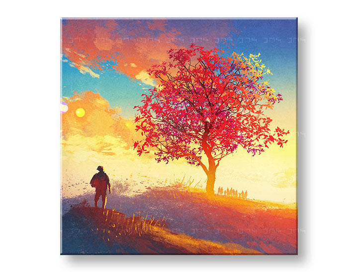 Klasický obraz na plátně s motivem ZÁPAD SLUNCE, strom, inspirativní motiv, krajina, náboženský motiv v modro-oranžových odstínech, vhodný do obývacího pokoje – produkt
