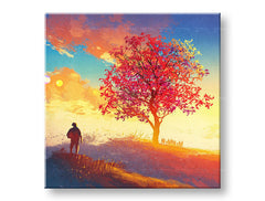 Klasický obraz na plátně s motivem ZÁPAD SLUNCE, strom, inspirativní motiv, krajina, náboženský motiv v modro-oranžových odstínech, vhodný do obývacího pokoje – produkt
