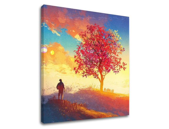 Klasický obraz na plátně s motivem ZÁPAD SLUNCE, strom, inspirativní motiv, krajina, náboženský motiv v modro-oranžových odstínech, vhodný do obývacího pokoje – hlavní