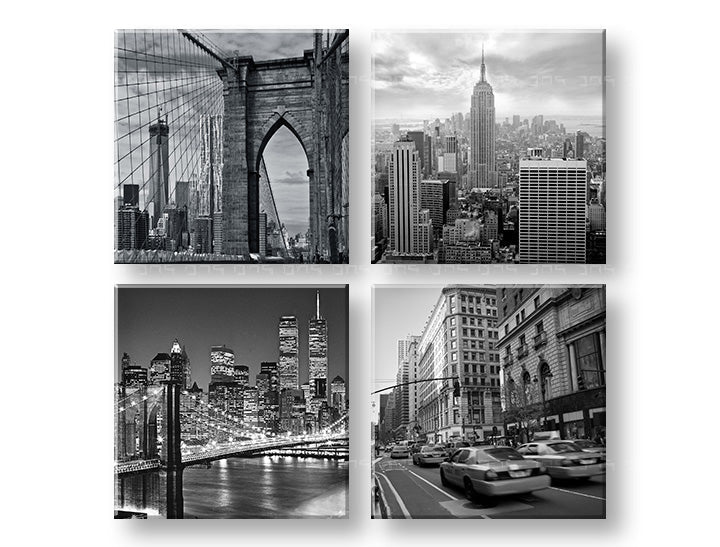 Pop art obraz na plátně s motivem Big apple v bílo-černých odstínech, městský život, vícedílné provedení, vhodný do kanceláře | Obraz na stěnu Big apple – hlavní